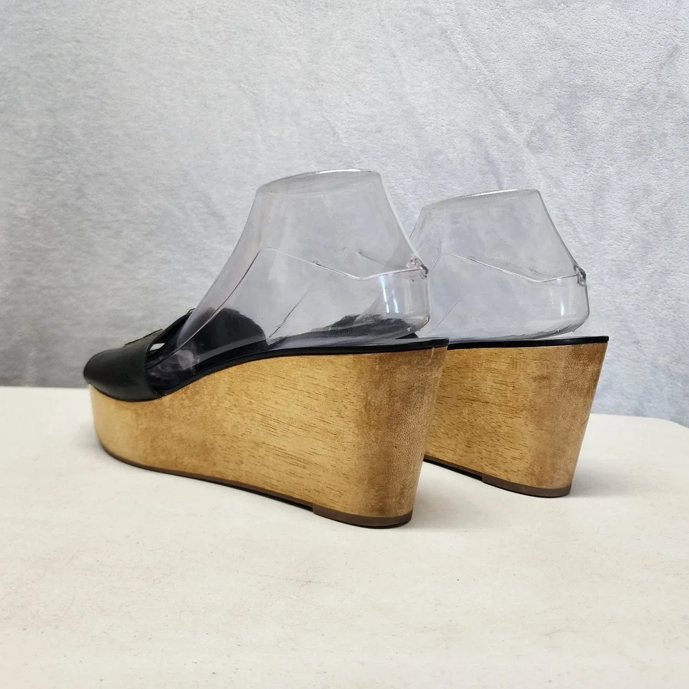 Tory Burch Ines Sandals Womens Size 9.5 Black Leather Wooden Wedge Platform